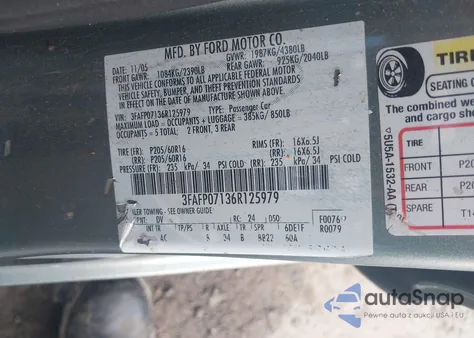 2006 Ford Fusion Se z USA, uszkodzony, nr VIN 3FAFP07136R125979